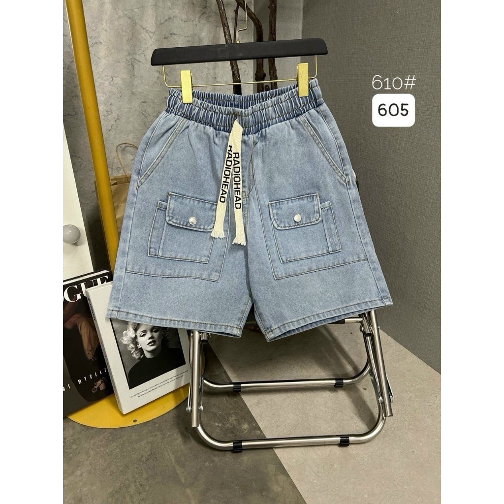 Hem fashion กางเกงยีนส์ขาสั้นคาร์โก้ขากว้าง เอวยางยืด และกระดุม-SJ002