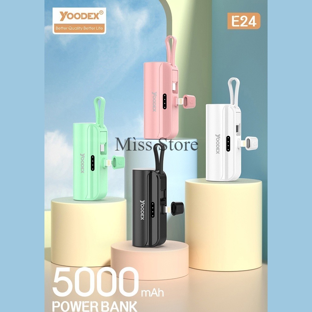 แบตสำรอง powerbank 5000mah YOODEX รุ่น E24 พลังงานจ่ายไฟ 2.4A มีสายเคเบิ้ลในตัว พร้อมส่งในไทย
