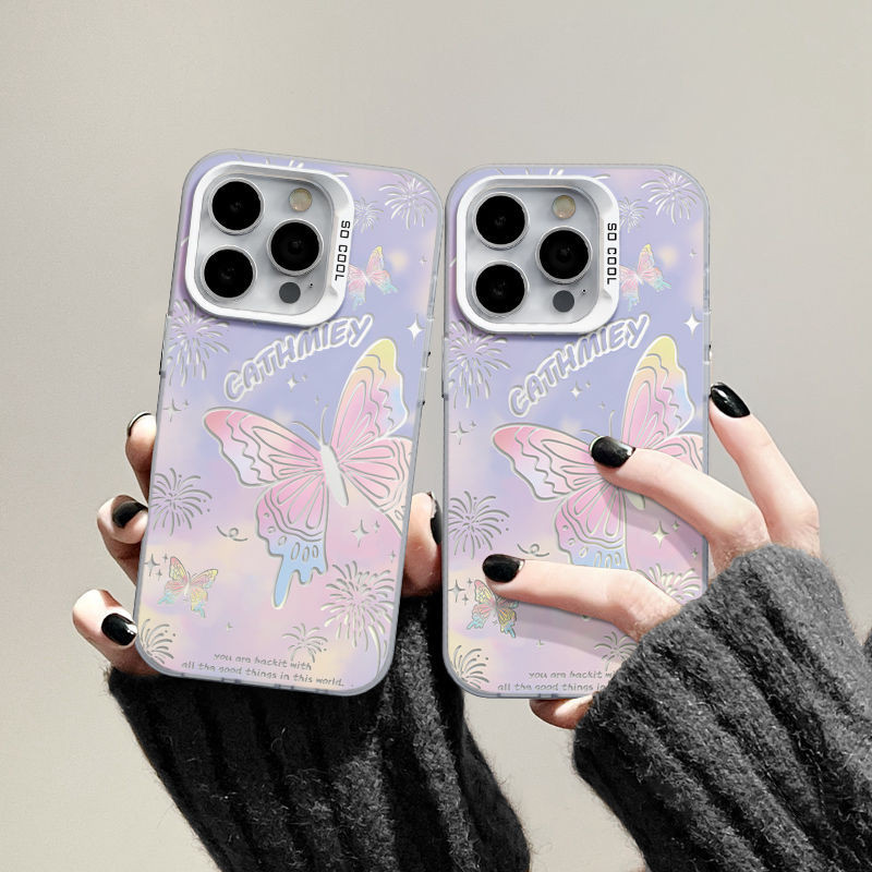 เคส iphone hone IP 11 12 IP 13 14 15plus 13 14 15 PROMAX Gradient Beauty Girl ผีเสื้อปุ่มโลหะเคสโทรศัพท์แฟชั่นและทนทาน