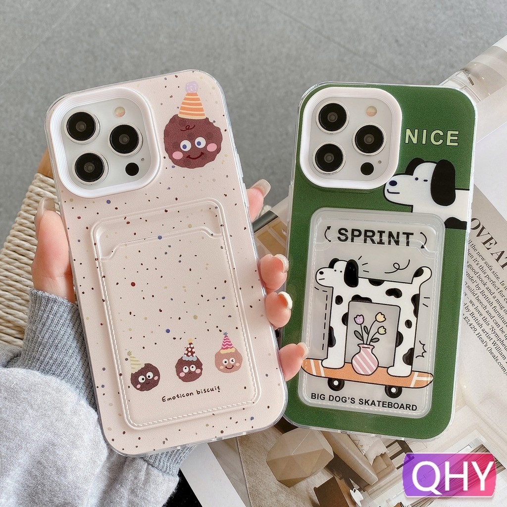 Qhy - เคสโทรศัพท์มือถือแบบใส หนา กันกระแทก ลายคุกกี้ สุนัข สีเขียว สําหรับ iphone 13 15 6s 7 8 plus xs XR 11 12 14 pro max 2 in 1