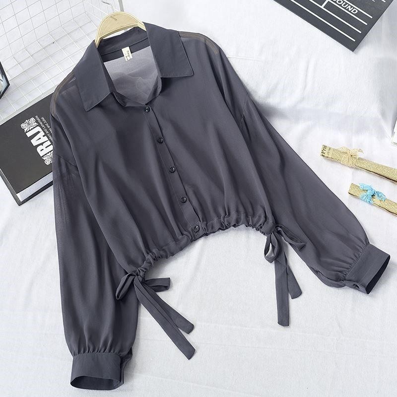 เสื้อเชิ้ตแขนยาว ซีทรู กันแดด แบบผูกเชือก แบบบาง สีพื้น แบบเรียบง่าย สไตล์สตรีท สําหรับผู้หญิง 2021