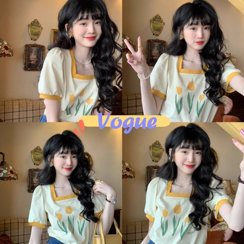 Vogue พร้อมส่ง เสื้อไหมพรมแขนสั้น คอเหลี่ยม ลายดอกไม้น่ารักเกาหลีๆ (9Q32)