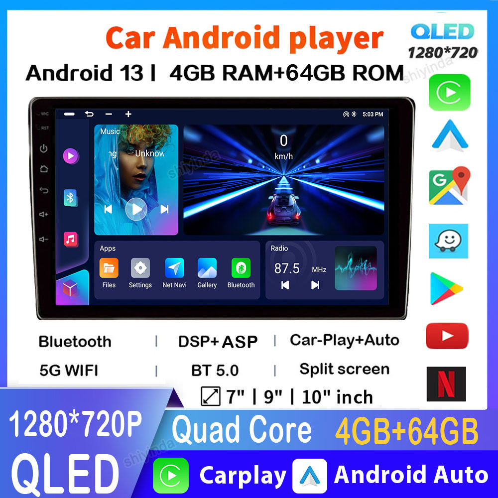 [QLED เครื่องเล่น 1280*720P 4G+64G] 2din Android13 Quad Core 9/10 นิ้ว GPS 5G WiFi สําหรับรถยนต์