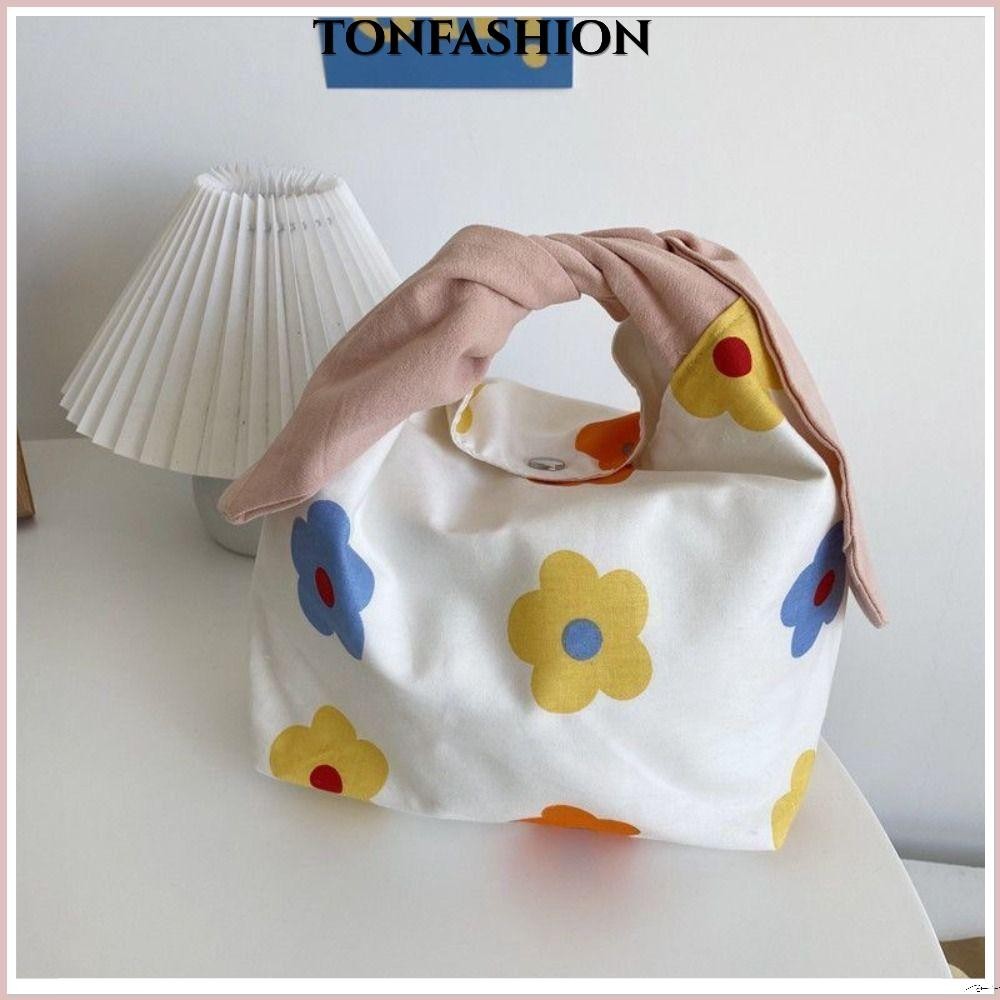 Tonfashion กระเป๋าถือ กระเป๋าช้อปปิ้ง ผ้าแคนวาส ลายหูกระต่าย ประดับโบว์ สําหรับใส่อาหารกลางวัน ปิกนิก