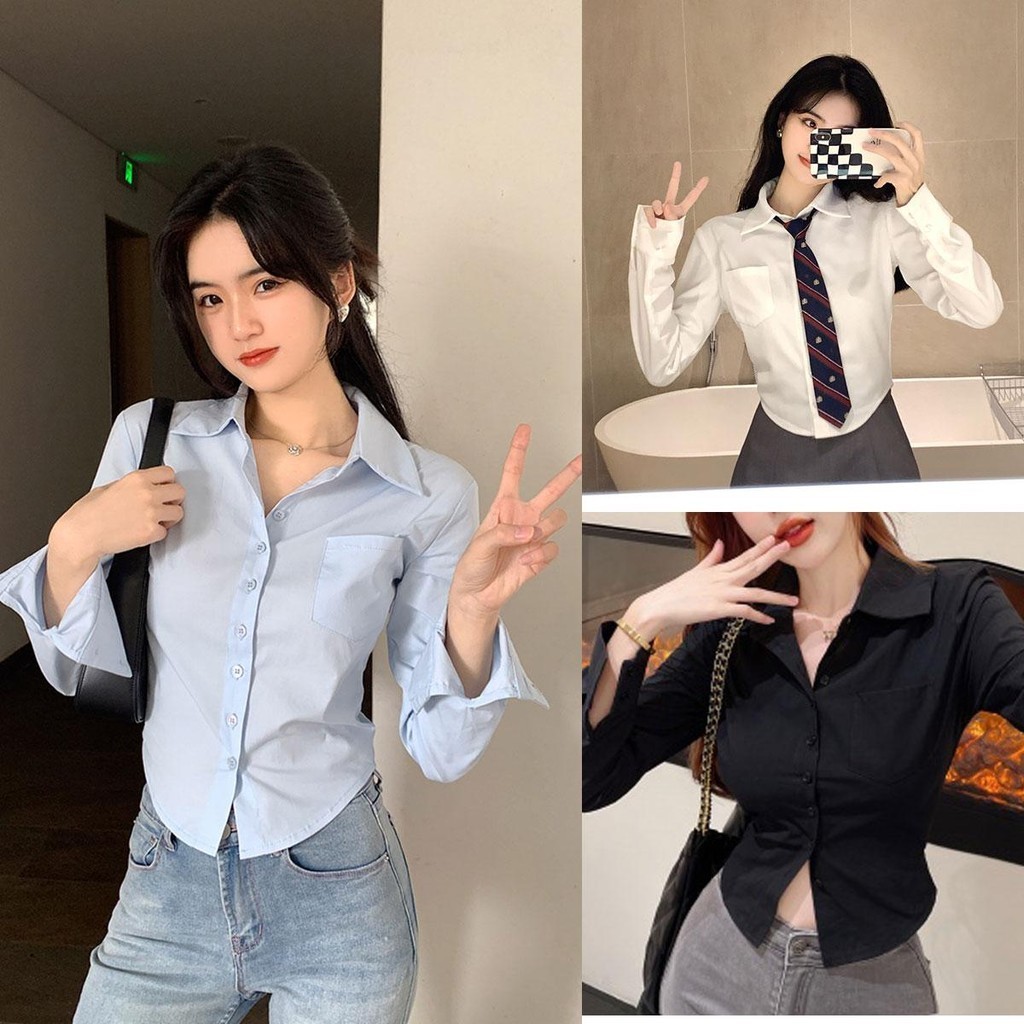 Dahong w314 เสื้อแฟชั่นผู้หญิง เสื้อแขนยาวทรงสลิม คอวี กระดุม สไตล์เกาหลี