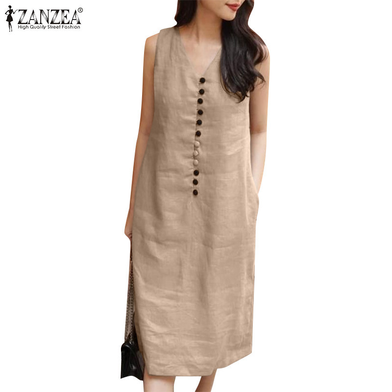 Zanzea ชุดเดรสแขนกุด คอกลม แต่งหัวเข็มขัด สไตล์เกาหลี สําหรับผู้หญิง