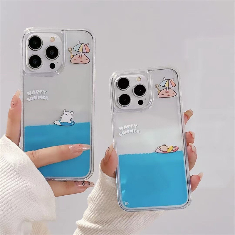 เคสโทรศัพท์มือถือ ซิลิโคนแข็ง มีทรายไหล กันกระแทก ลายลูกสุนัขเล่นเซิร์ฟ สําหรับ Iphone 11 11promax 14promax 13promax 12pro 15promax 15pro