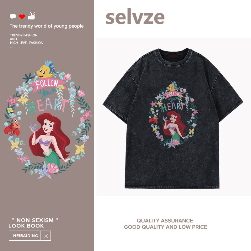 SELVZE（จัดส่งตลอด 24 ชั่วโมง） Printed T-shirt，เจ้าหญิงการ์ตูนน่ารักพิมพ์เสื้อยืดแขนสั้นล้างน้ำ Y0385