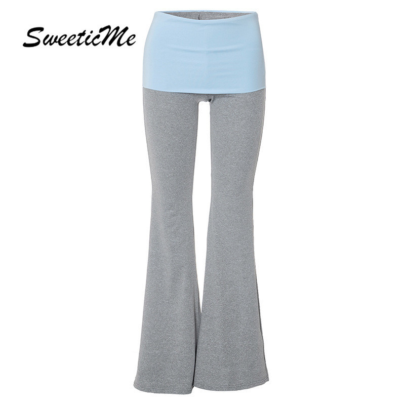 Sweeticme ใหม่ กางเกงขายาวลําลอง เอวต่ํา เข้ารูป สีตัดกัน แฟชั่นสําหรับสตรี 2024