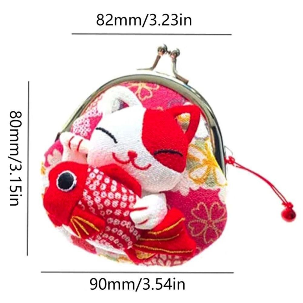 Aubrey1 Maneki Neko กระเป๋าใส่เหรียญ,สไตล์ญี่ปุ่นดอกไม้พิมพ์ Lucky Cat กระเป๋าคลัทช์,แบบพกพาตุ๊กตา PU กระเป๋าสตางค์ผู้ถือบัตรผู้ชาย