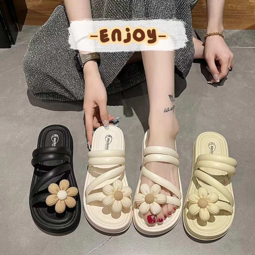 🍓EnJoy🍓 พร้อมส่ง (LT-MKD) รองเท้าแตะสวม ดีเทลดอกทานตะวัน สายคาดติดกัน