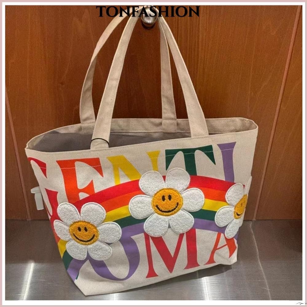 Tonfashion กระเป๋าถือ กระเป๋าสะพายไหล่ ผ้าแคนวาส ลายดอกทานตะวัน ความจุขนาดใหญ่ อเนกประสงค์ สไตล์ลําลอง สําหรับสตรี