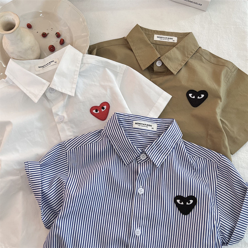 เสื้อเชิ้ตแขนสั้น ลายทาง สีพื้น แฟชั่นฤดูร้อน สําหรับเด็กผู้ชาย และเด็กผู้หญิง