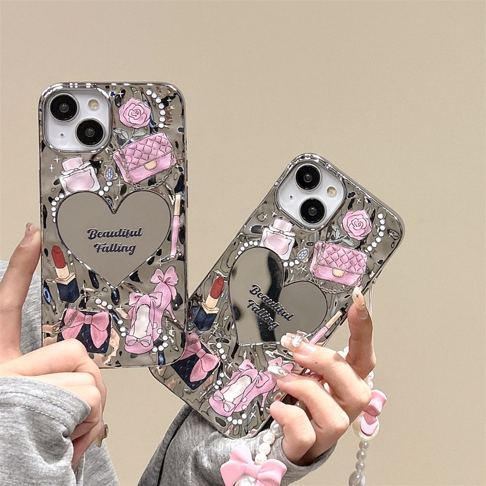 เคสโทรศัพท์มือถือ ประดับโบว์ ไข่มุก พร้อมสายคล้อง และกระจก สไตล์เกาหลี สําหรับ iPhone 14 13 12 11 15 Pro Max 14promax 15