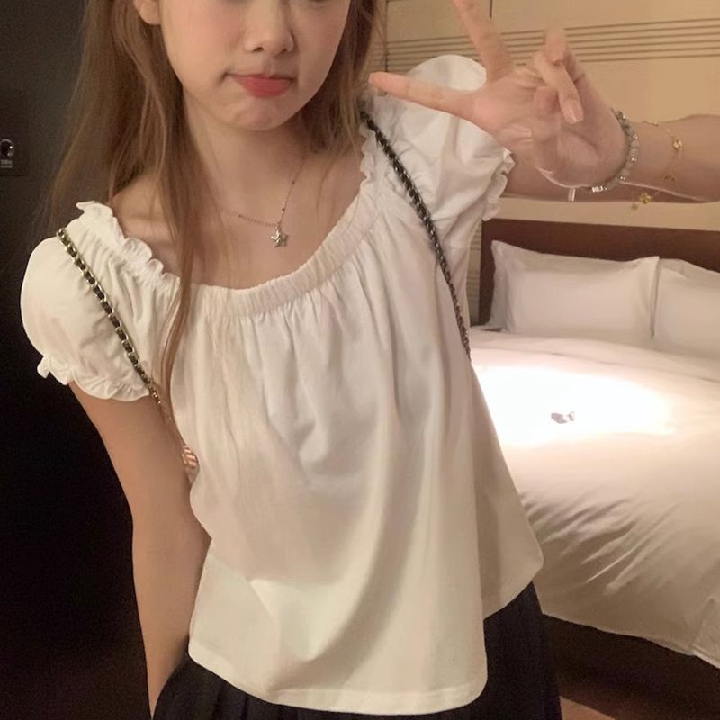 vicky~คอกลม สีทึบ แขนสั้น เสื้อเชิ้ต แฟชั่น หวาน สไตล์เรียบง่าย – โปรปัง