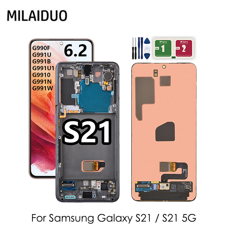 ยี่ห้อใหม่ Amoled LCD สําหรับ Samsung Galaxy S21 5G LCD SM-G991 จอแสดงผล LCD Touch Screen Digitizer Assembly กรอบสําหรับ S21 SM-G990F/DS เปลี่ยน LCD