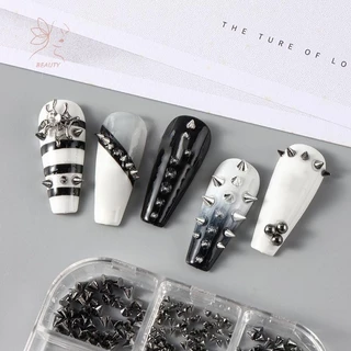 [maybeauty] 6 กริด Y2K Punk โลหะ Rivet เล็บ Charms กรวยผสม Sized สีดําเงินเล็บ Studs 3D สไตล์โลหะผสม Spike สําหรับ DIY เล็บตกแต่ง {TH}