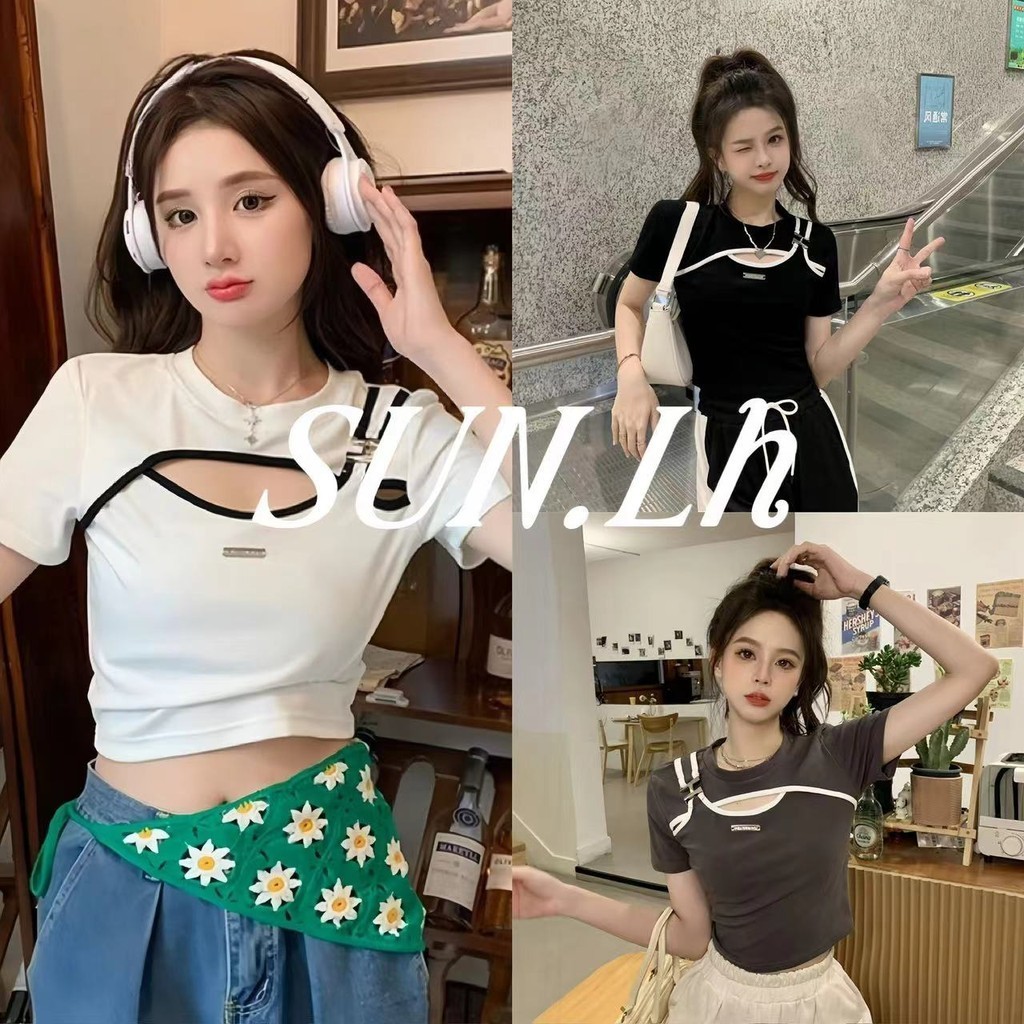 SUN เสื้อยืดแขนสั้นกลวงไม่ซ้ำใครของสาวฮอต เสื้อตัวสั้นดีไซน์ใหม่