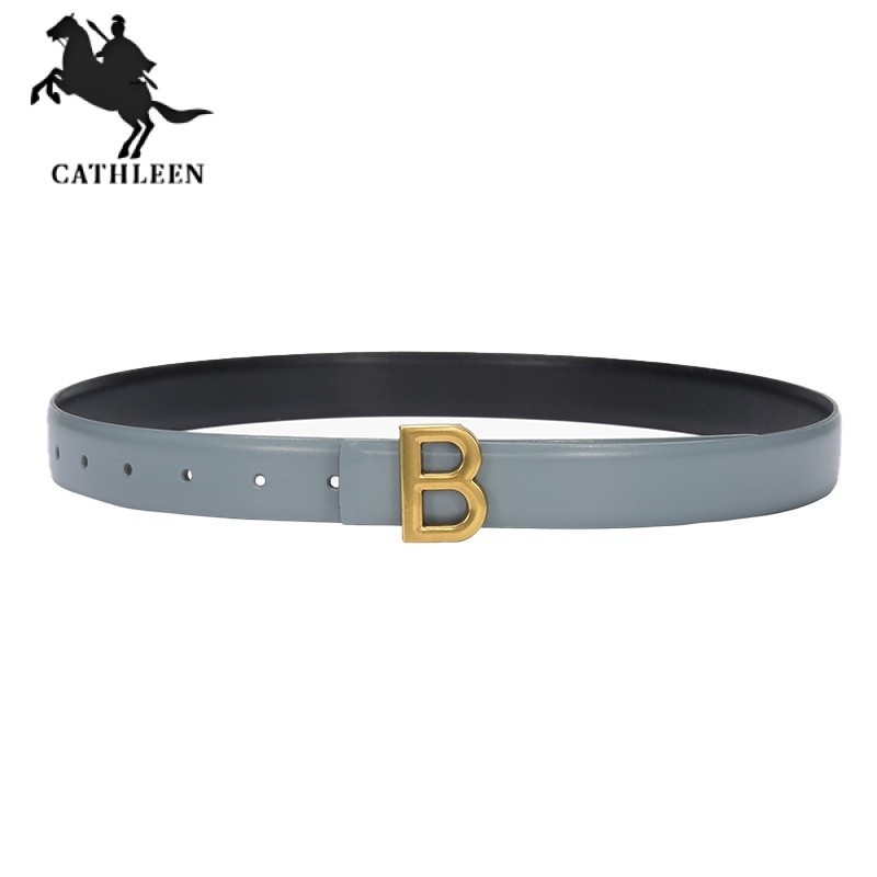 Cathleenเข็มขัดหนัง แบบแคบ แต่งหัวเข็มขัด พิมพ์ลายตัวอักษร สําหรับผู้หญิงเข็มขัด