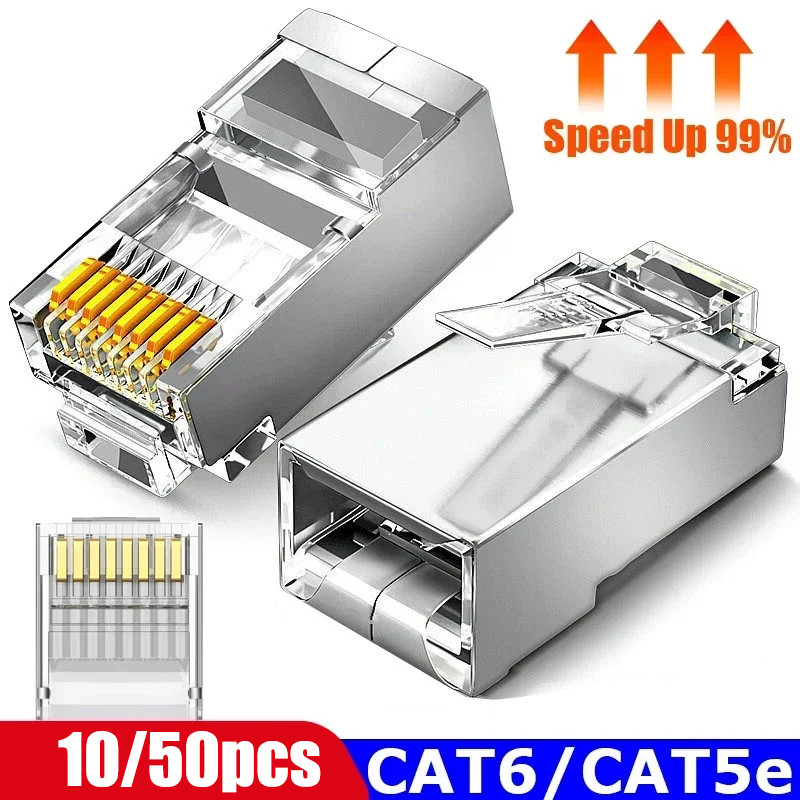 ปลั๊กเชื่อมต่อเครือข่ายอีเธอร์เน็ต RJ45 Cat6 Cat 6 Cat5e RJ-45 Ends ชุบทอง สําหรับสายเครือข่ายอีเธอร์เน็ต UTP 10 50 ชิ้น