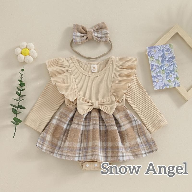 เด็กผู้หญิง 2 ชิ้นชุดฤดูใบไม้ร่วง Ruffle แขนยาวลายสก๊อตพิมพ์กระโปรง Romper พร้อมแถบคาดศีรษะชุดเสื้อผ้าเด็กทารก