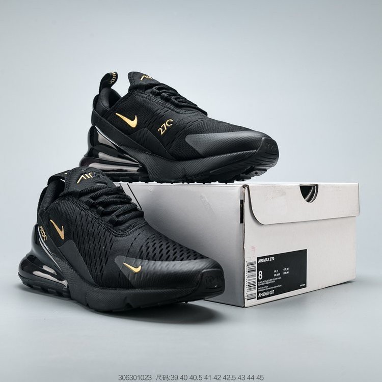 Nike Air max 270 รองเท้าผ้าใบ Nike สีดํา ทอง สําหรับทุกเพศ