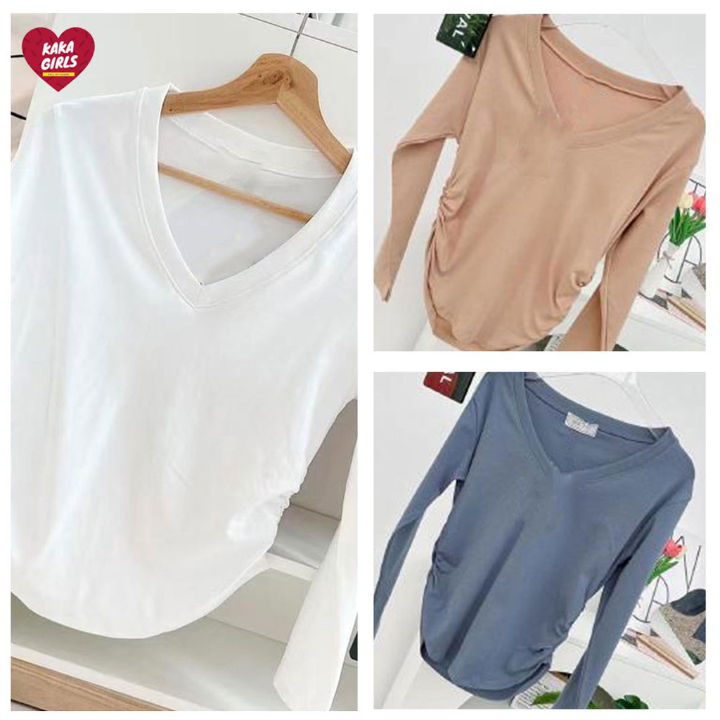 เสื้อครอปแขนยาว คอวี ทรงสลิมฟิต สีพื้น ใส่สบาย ไม่ร้อน