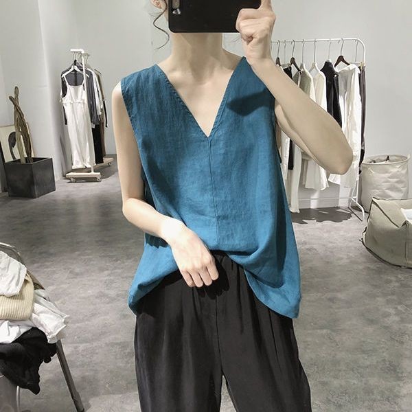 เสื้อแขนกุดลําลอง คอวี ผ้าฝ้าย และผ้าลินิน ทรงหลวม แบบเรียบง่าย แฟชั่นฤดูร้อน สไตล์เรโทร สําหรับผู้หญิง