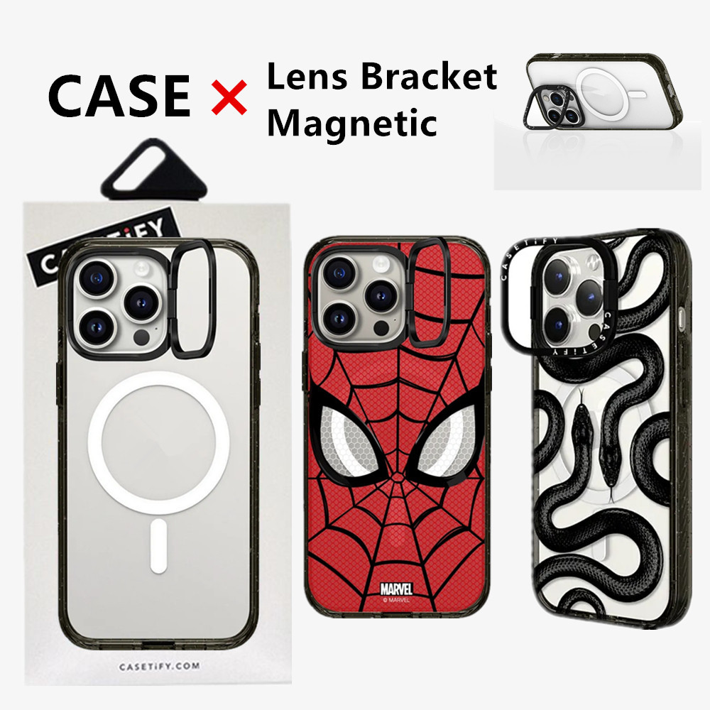 Casetifg Spider Man เลนส์ซ่อนขาตั้งเคสโทรศัพท์แม่เหล็กพร้อมกล่องสําหรับ iPhone 12 13 14 15 16 Pro Max 15 Plus วงเล็บกล้องกันกระแทกปลอกด้านข้างซิลิโคนป้องกัน Clear PC ฝาครอบ