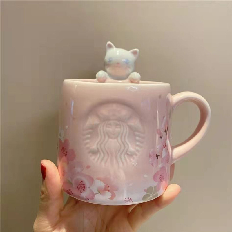 Starbucks Cup Pink Cherry Blossom Mug Happy Cherry Blossom Appreciation Cute Cat Ceramic Cup Desktop Drinking