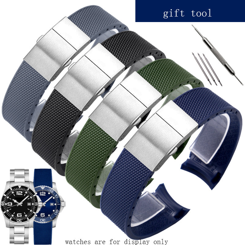 สายนาฬิกาข้อมือยาง 21 มม. สีดํา สีฟ้า สีเขียว สีเทา พร้อมหัวเข็มขัดพับได้ อุปกรณ์เสริม สําหรับ Longines Conquest Watch Bracelet