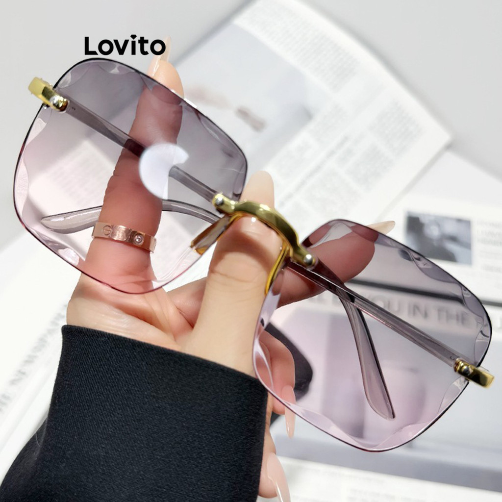 Lovito แว่นกันแดดผู้หญิง ไล่โทนสี แต่งโลหะ สีเรียบ สไตล์ลำลอง LFA10061