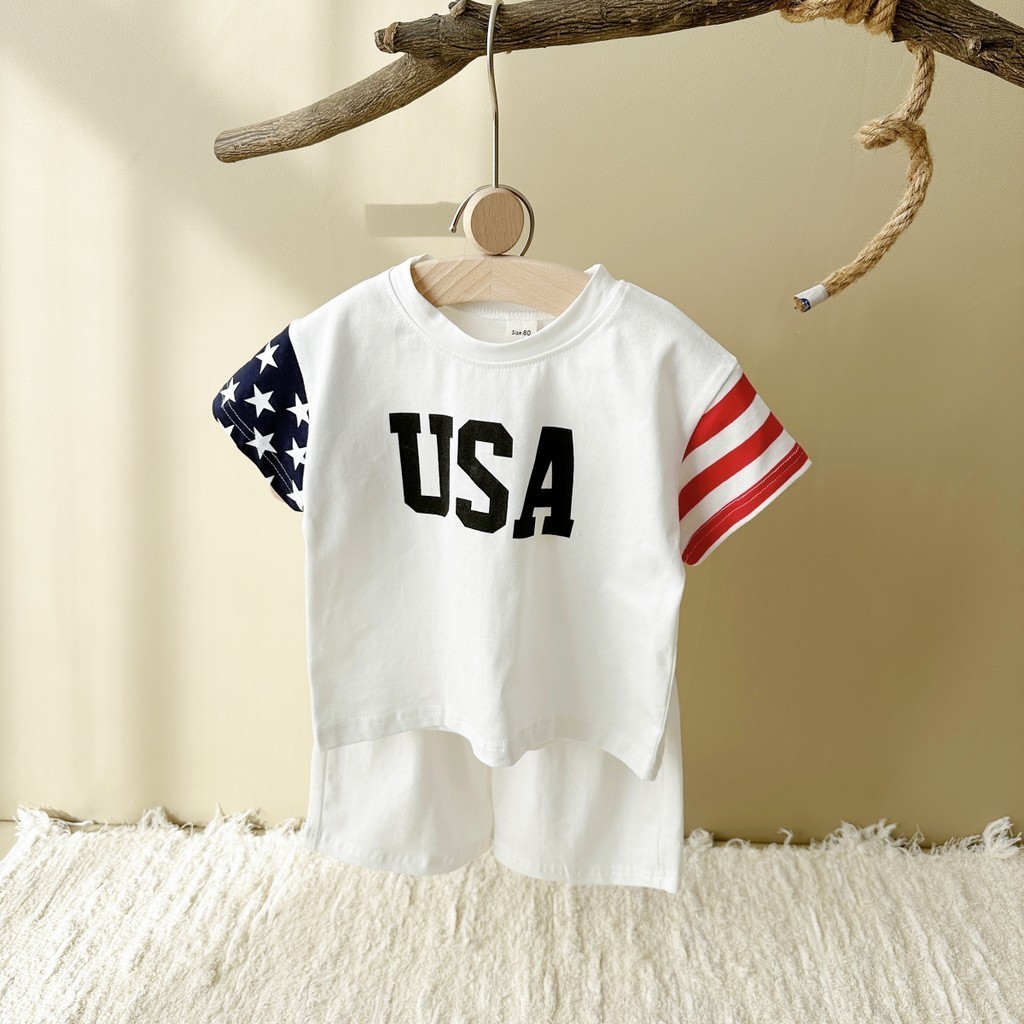 เสื้อยืดแขนสั้น พิมพ์ลายดาว USA ลายทาง สไตล์สปอร์ต สําหรับเด็กผู้หญิง และเด็กผู้ชาย 2024