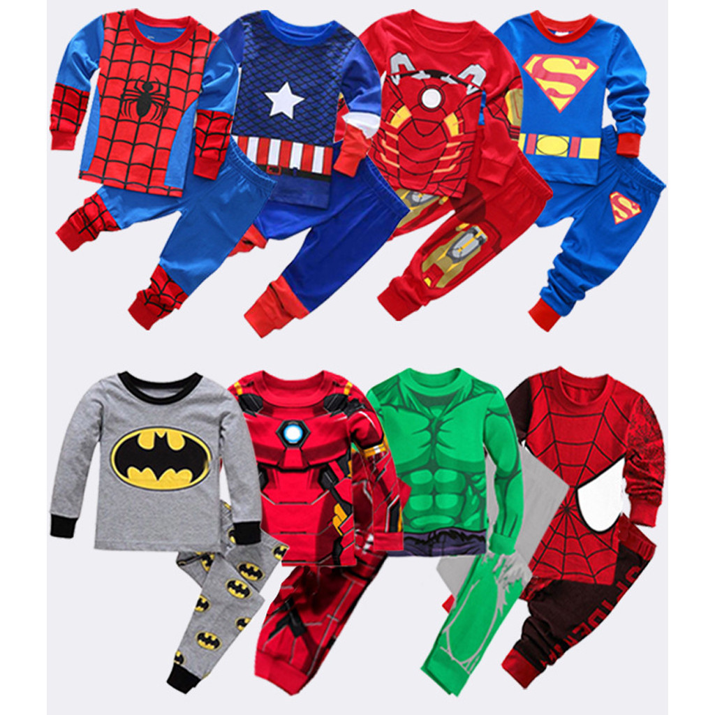 ชุดนอนลําลอง แขนยาว ลายการ์ตูน Spiderman Hulk Batman สําหรับเด็กผู้ชาย 2 ชิ้น
