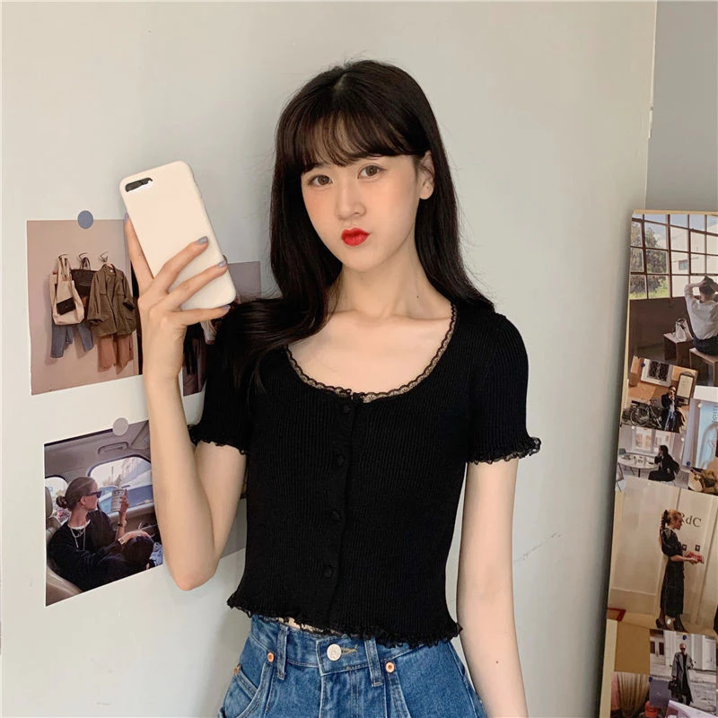 เสื้อครอปแขนสั้น คอกลมหยัก สวยเก๋ น่ารัก ครอปน่ารัก