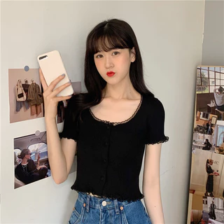 เสื้อครอปแขนสั้น คอกลมหยัก สวยเก๋ น่ารัก ครอปน่ารัก