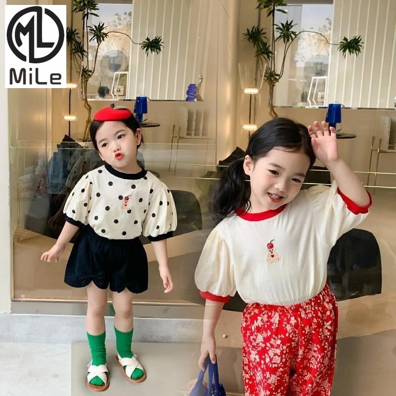[ML] เสื้อยืดแขนสั้น พิมพ์ลายจุด สไตล์เกาหลีตะวันตก ขนาดเล็ก 90-140 เซนติเมตร แฟชั่นสําหรับเด็กผู้หญิง