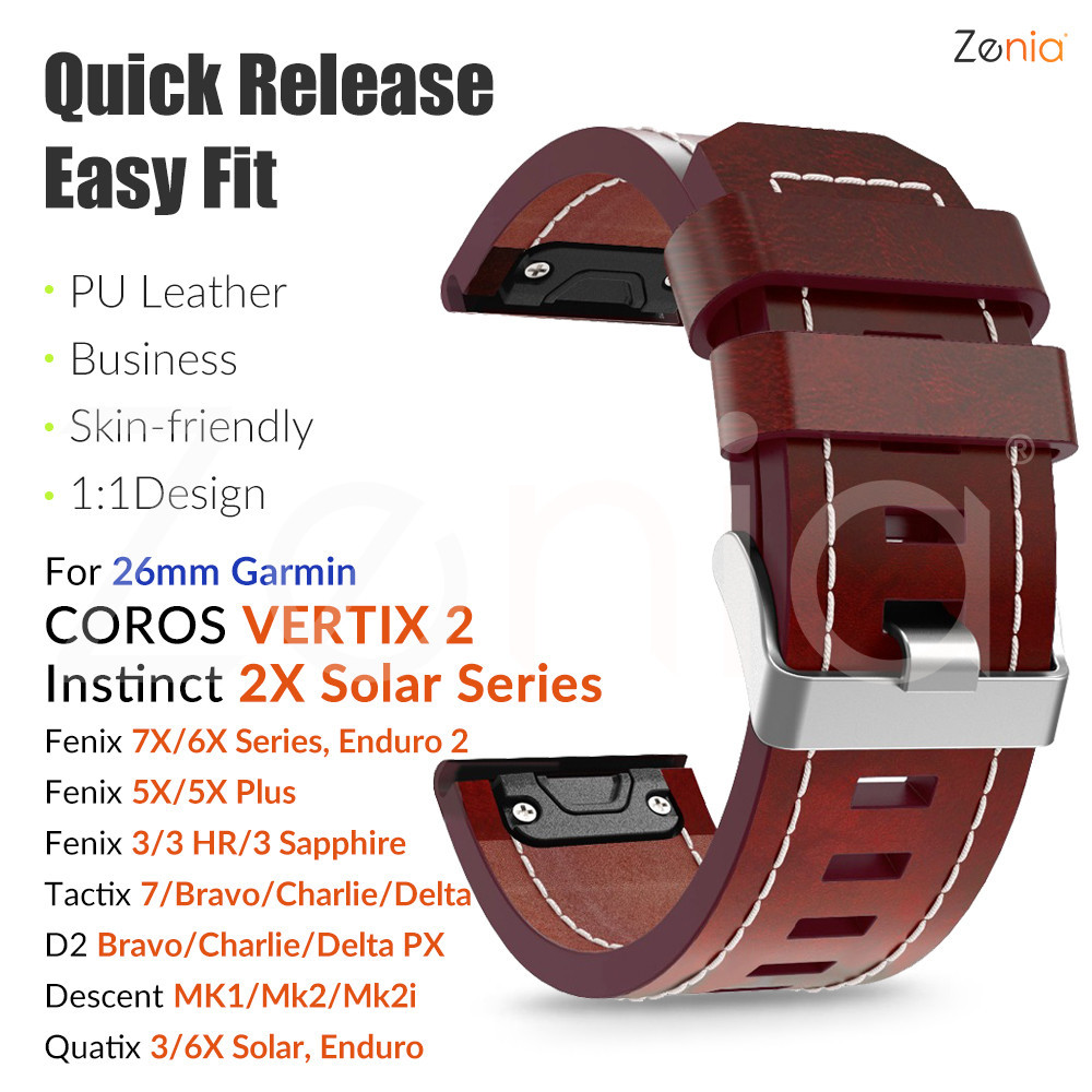 26 มม.PU หนัง Quick Release Easy fit สายนาฬิกาสําหรับ Garmin Fenix 7X 5X 3 Fenix 6X Pro Instinct 2X Solar D2 Tactix 7/Bravo/Charlie/Delta PX Quatix 3 Descent Mk1 Mk2i Enduro