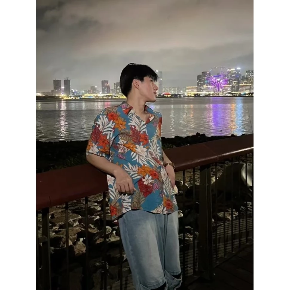 เสื้อสงกรานต์ฮาวาย ผู้ชาย สีเขียว ผ้าไหมอิตาลี แขนสั้น #305 thumbnail 3