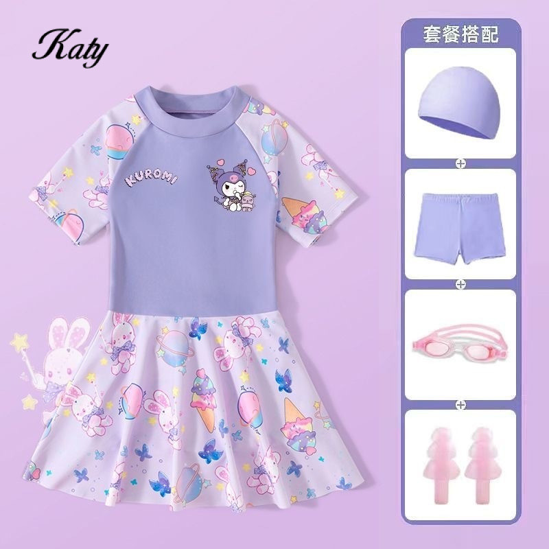 กระโปรงว่ายน้ำสำหรับเด็กผู้หญิง Kuromi My Melody ใหม่ ชุดว่ายน้ำฝึกซ้อมในฤดูร้อนสำหรับเด็กผู้หญิงเสื้อผ้าเด็กผู้หญิง