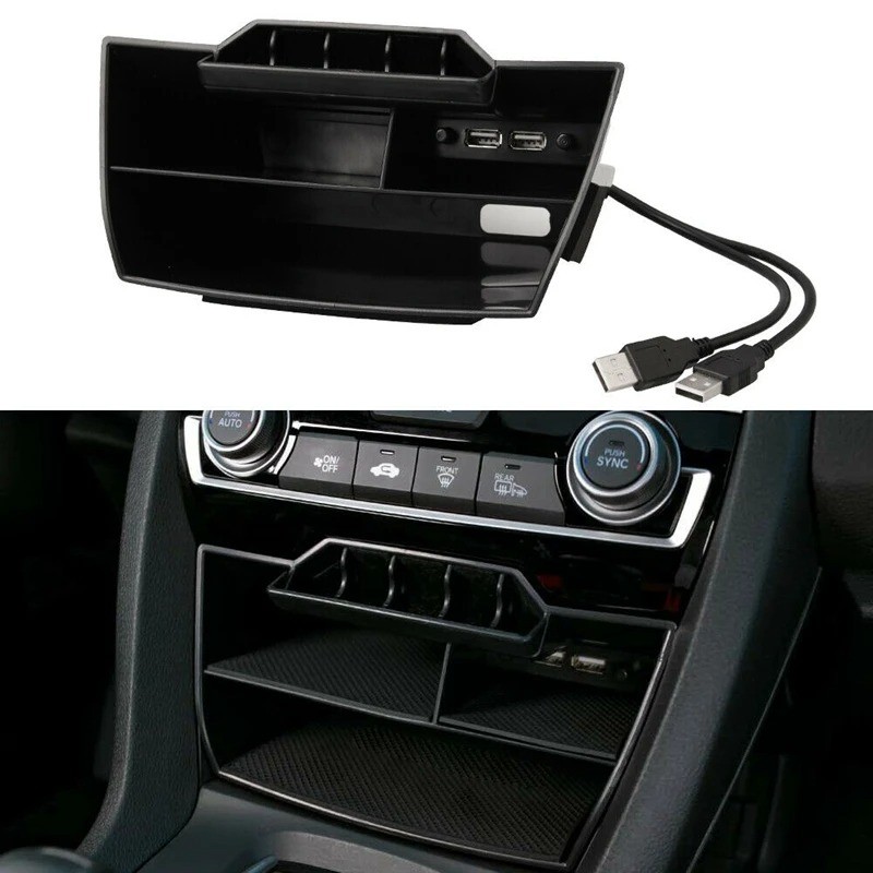 Honda Civic Fc 2016 2017 2018 2019 ABS คอนโซลด้านในกล่องเก็บของกลางพร้อมพอร์ต USB อุปกรณ์ตกแต่งภายใน