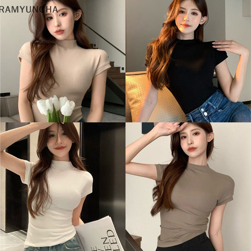 เสื้อยืดคอกลม แขนสั้น คอเต่า สีพื้น แบบเข้ารูป แฟชั่นฤดูร้อน สําหรับผู้หญิง OTC
