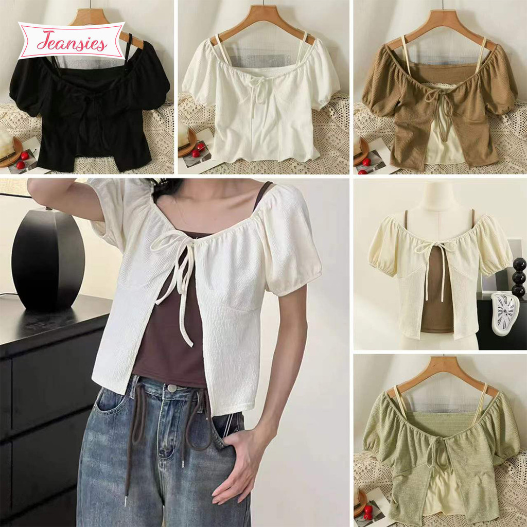 เสื้อครอปเเขนสั้นสไตล์เกาหลี เเต่งเสื้อสายเดี่ยวข้างใน สีทูโทน แมทได้ทุกลุค