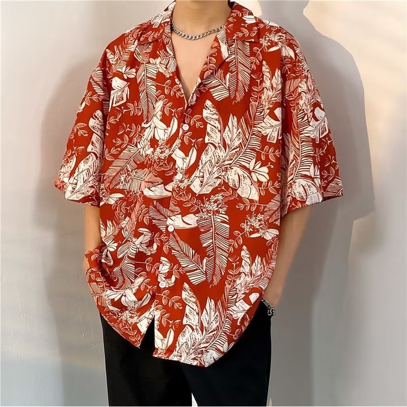 เสื้อเชิ้ตแขนสั้น คอปก พิมพ์ลายดอกไม้ เหมาะกับเดินชายหาด สไตล์ฮ่องกง สําหรับผู้ชาย