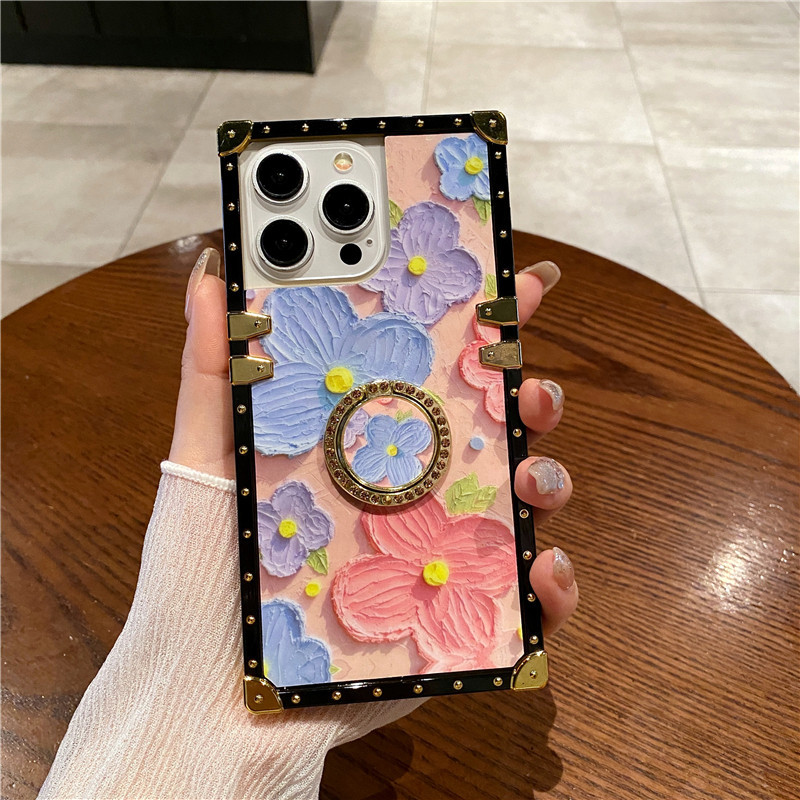 เคสโทรศัพท์มือถือ ทรงสี่เหลี่ยม ลายภาพวาดสีน้ํามัน รูปดอกไม้ พร้อมขาตั้ง สําหรับ Iphone 15 Pro Max 14 13 12 11 Pro XS XR 8 7 6 Plus