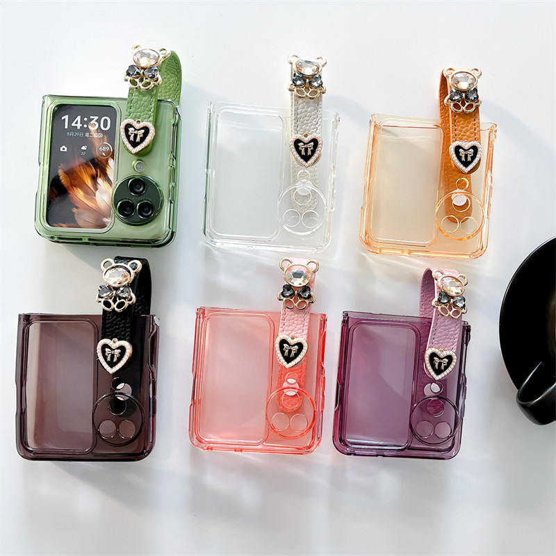 เคสโทรศัพท์มือถือแบบนิ่ม ใส ฝาพับ พร้อมช่องใส่บัตร ลายหมี ประดับเพชร และสายคล้องข้อมือ สําหรับ Oppo Find N2 N3