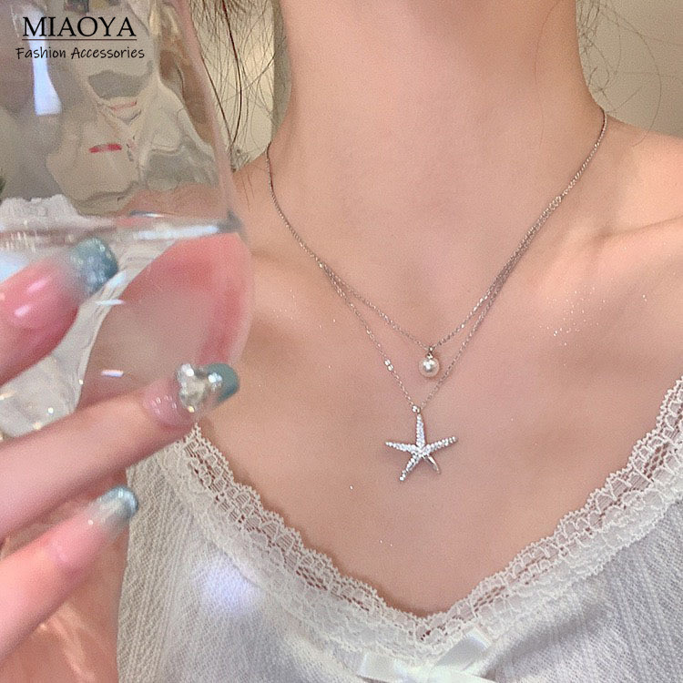 เกาหลี สองชั้น ปลาดาว มุก สร้อยคอ ผู้หญิง สีเงิน ins ละเอียด ริมทะเล ของขวัญการเดินทาง
