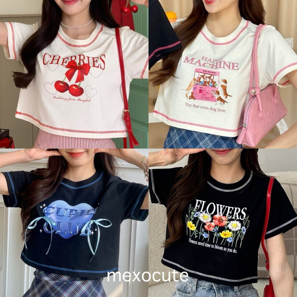 mexocute♡เสื้อยืดครอป แต่งด้ายสีๆเดินตะเข็บ สกรีนพรีเพี่ยม (อก36"ยาว16") hlo