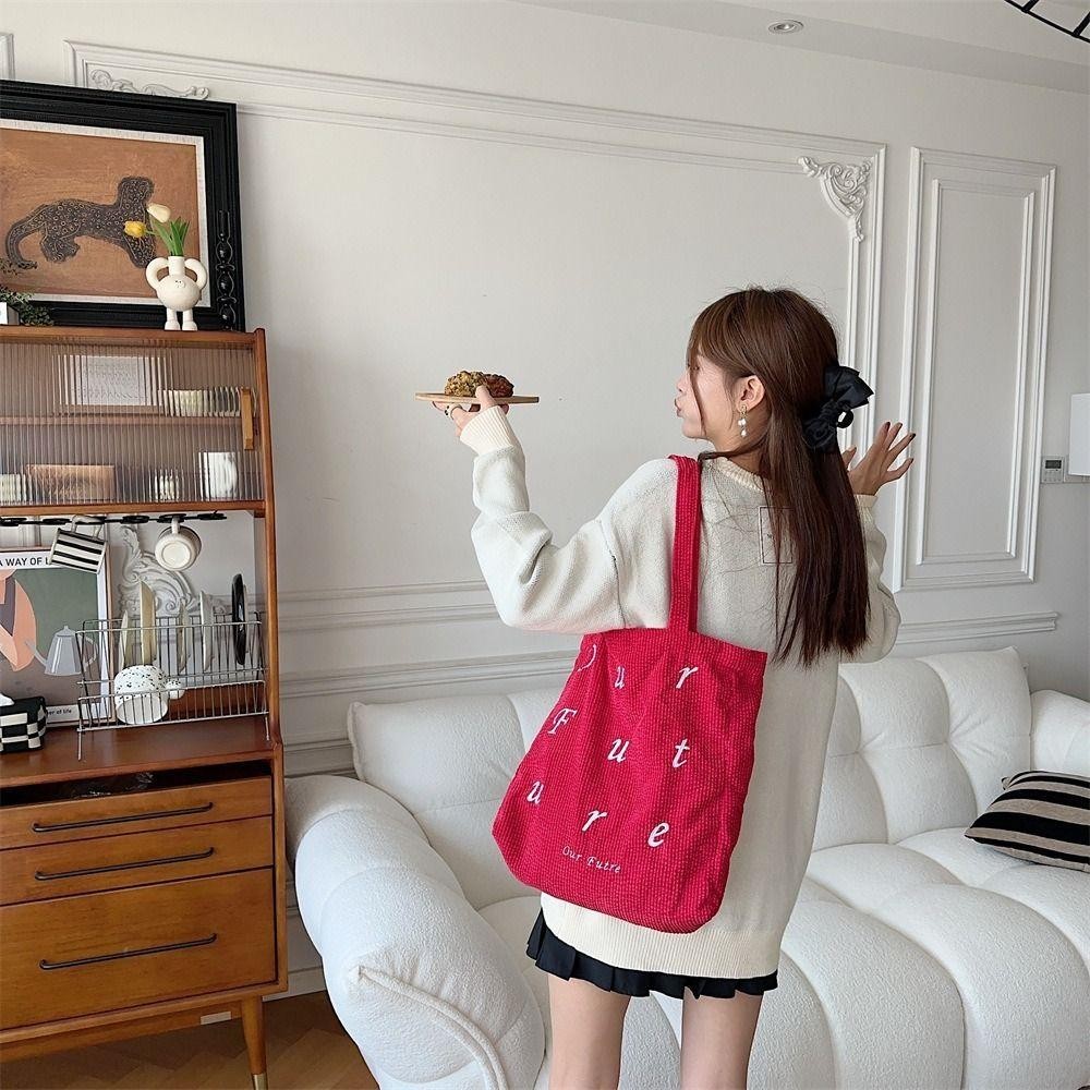DSLONG กระเป๋าสะพาย, Corduroy ปักกระเป๋าถือความจุขนาดใหญ่, Fashion Letter Shopping Tote Bag Women