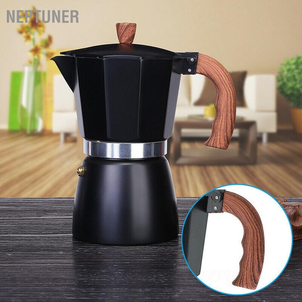 NEPTUNER หม้อ Moka แบบพกพา 150ml การกรองที่ดีเยี่ยมอลูมิเนียมอัลลอยด์พลาสติกเครื่องชงกาแฟอิตาลีสำหรับการทำกาแฟ